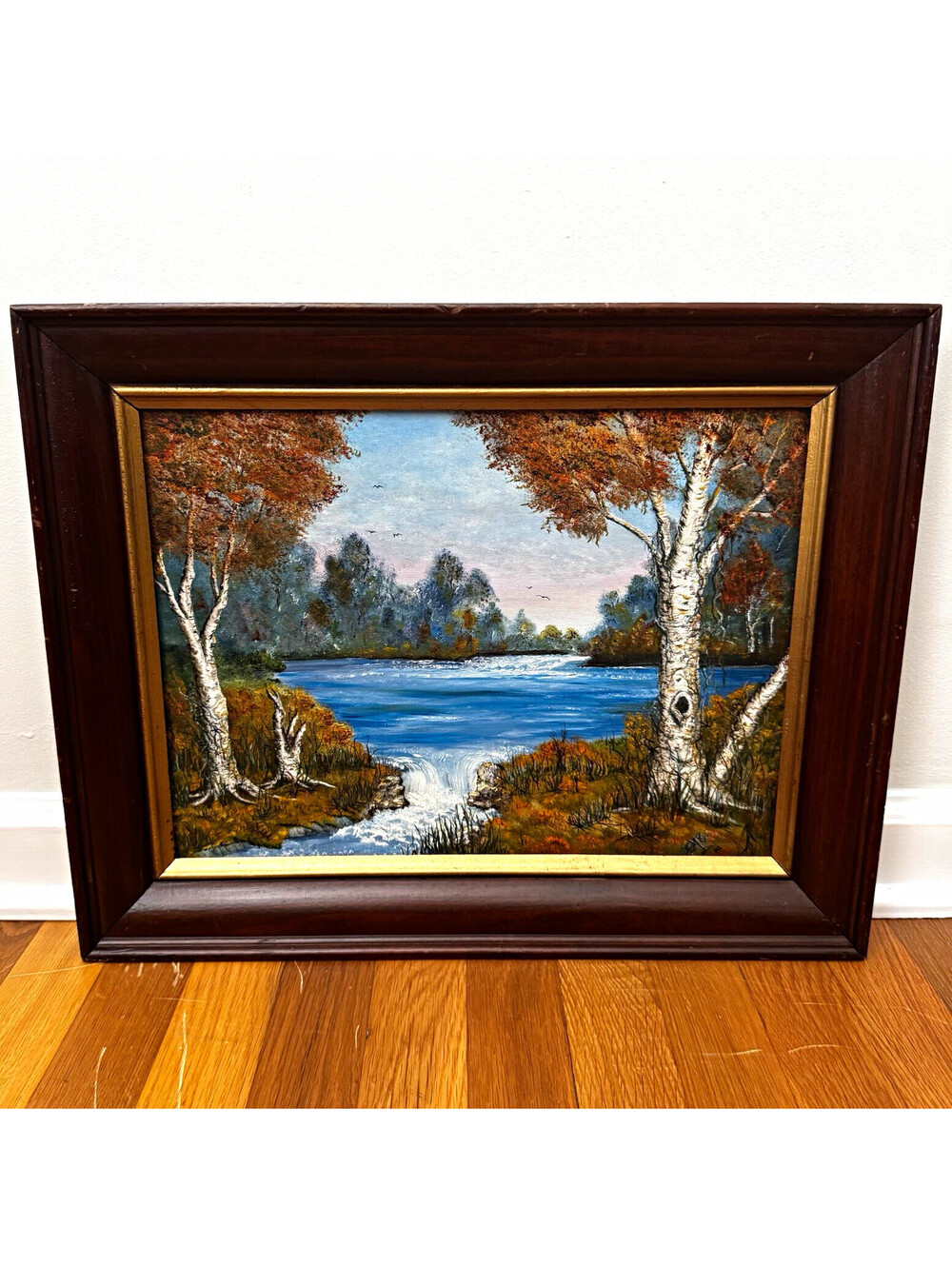 Signed Original Oil Painting Framed Lake w White Trees 19.5x15.5 USA